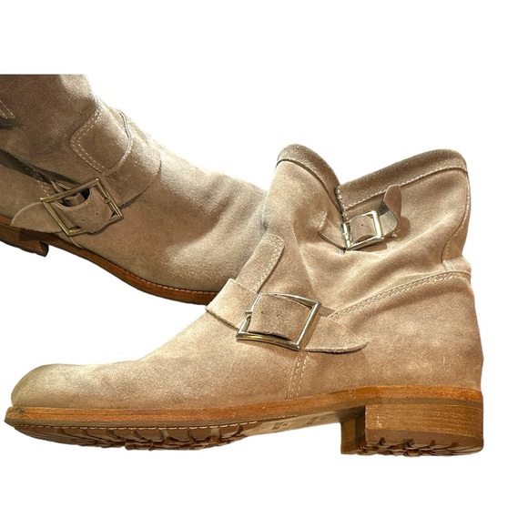 JIMMY CHOO SANDY BEIGE SUEDE BUCKL;ED DETAIL BIKER ANKLE SLOUCHY BOOTS (SZ 41) - Picture 2 of 15